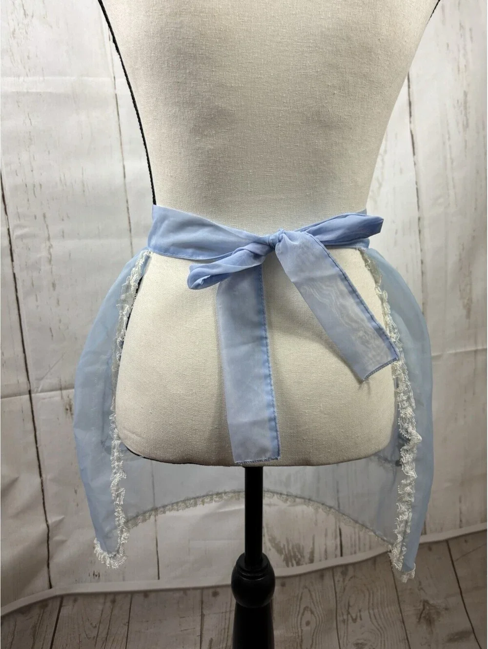 VTG 50s Hostess Half Apron Blue Organza White Trim Blue Roses Applications